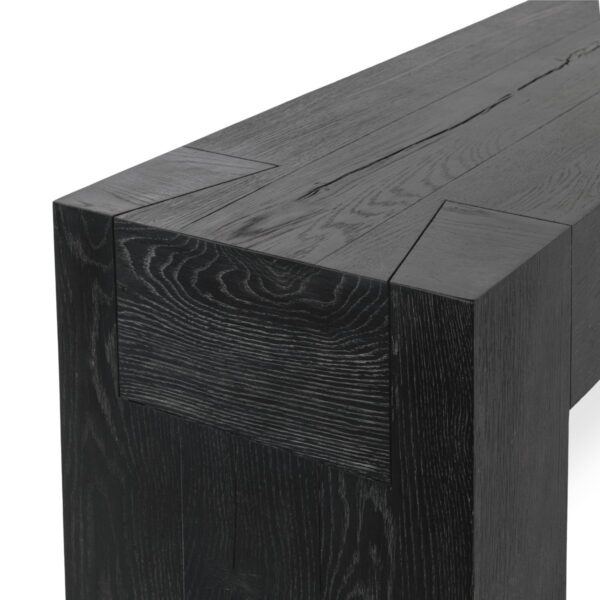 Black solid oak wood console table, joinery detail