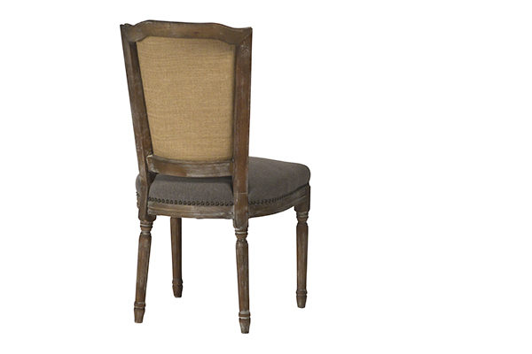 gray washed linen dining chair with wood legs back view