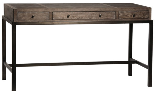 dark grey distressed wood desk and metal base