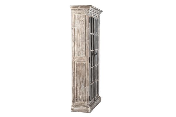 Tall reclaimed wood cabinet with glass doors side view