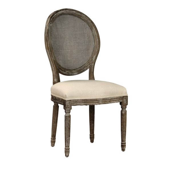 round back oak and linen dining chair
