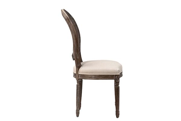 round back oak and linen dining chair seen from the side