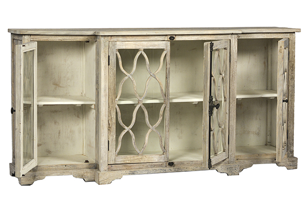 rustic wood and glass sideboard media cabinet shown with doors open