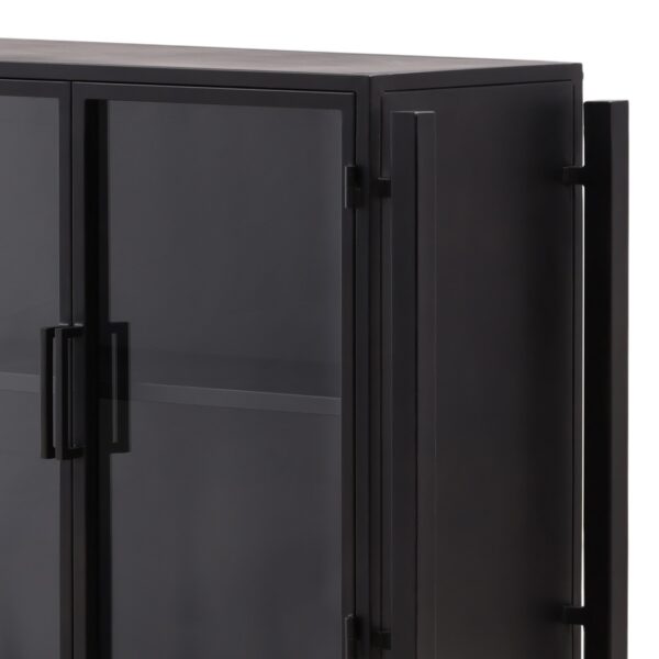 Industrial style black iron and glass sideboard , close up