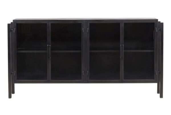 Industrial style black iron and glass sideboard, front