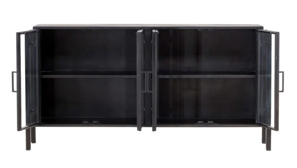 Industrial style black iron and glass sideboard, open