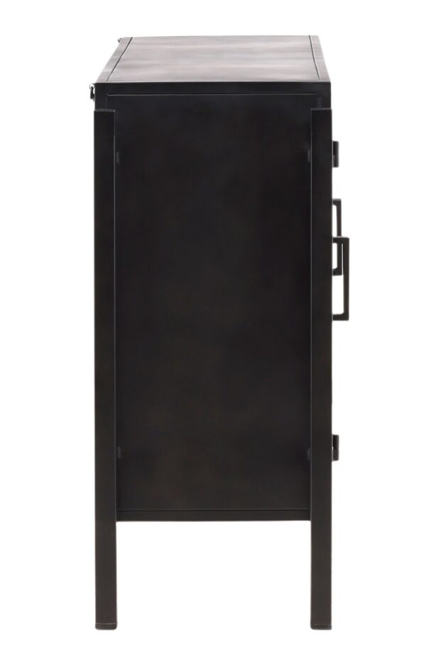 Industrial style black iron and glass sideboard, profile