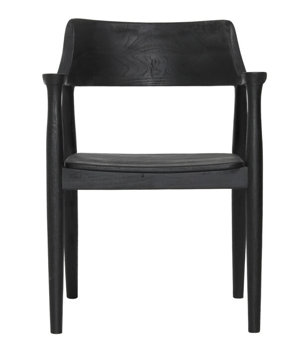 Modern black teak dining chair with arms, front