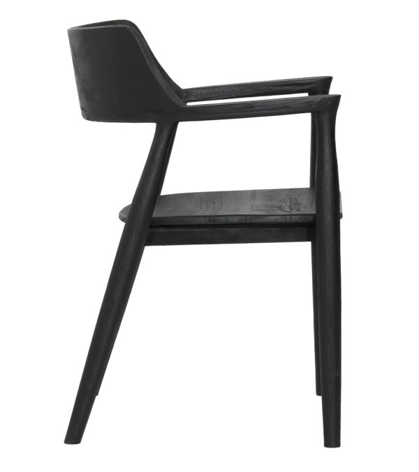 Modern black teak dining chair with arms, profile