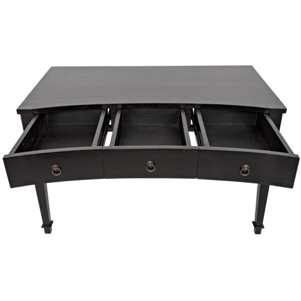 black curved desk with open drawers