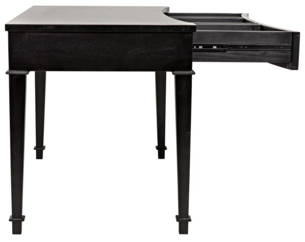 Small black desk with 3 drawers side view with drawers open