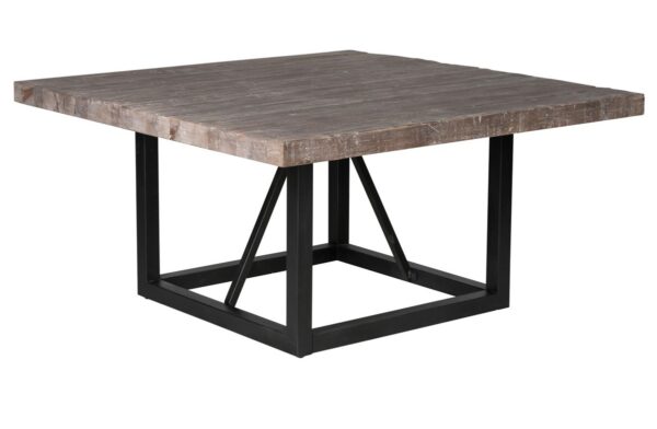 square reclaimed wood dining table with iron base