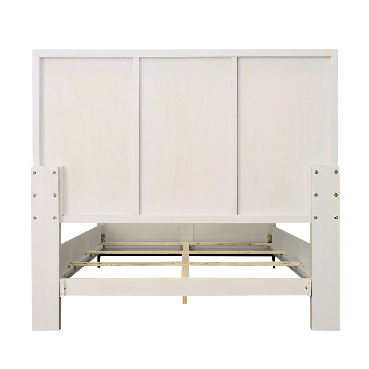 Light grey wash oak veneer bed frame with vertical panel design and iron base, back