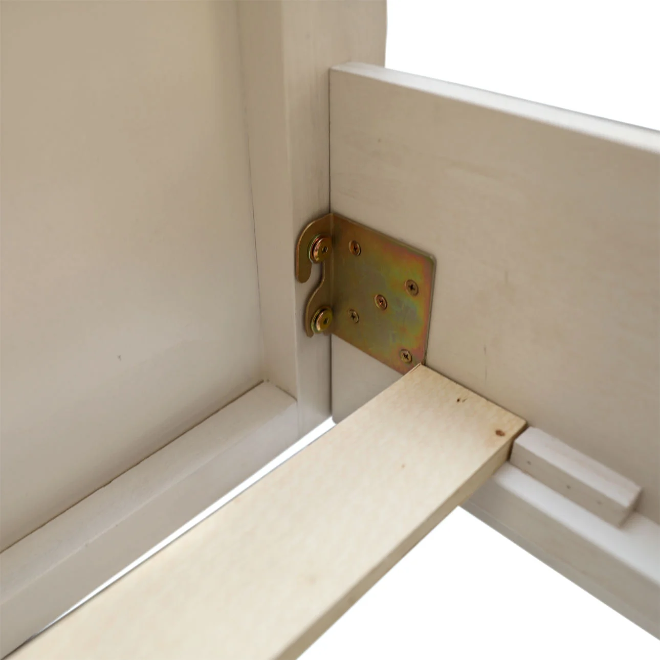 Light grey wash oak veneer bed frame with vertical panel design and iron base, detail