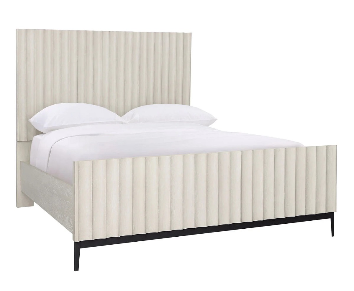 Light grey wash oak veneer bed frame with vertical panel design and iron base