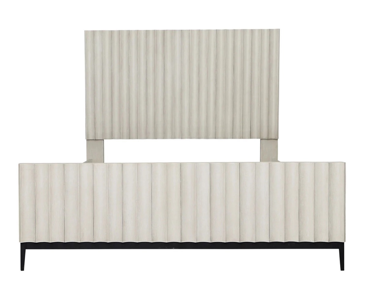 Light grey wash oak veneer bed frame with vertical panel design and iron base, front