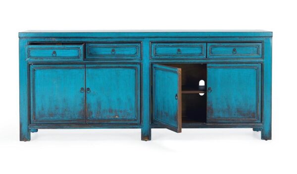 Rustic turquoise sideboard with drawers, open