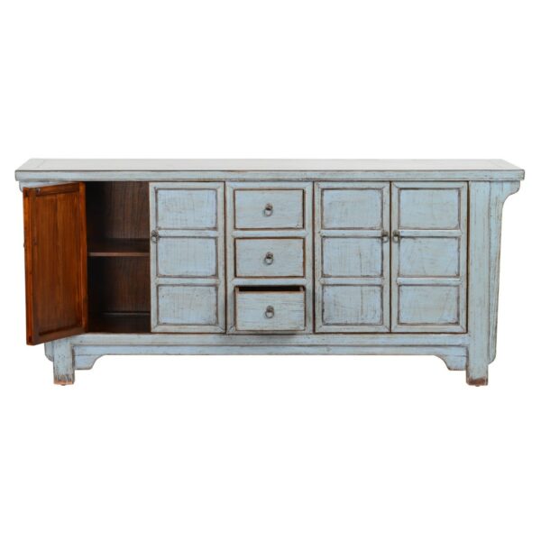 light blue distressed sideboard with open doors