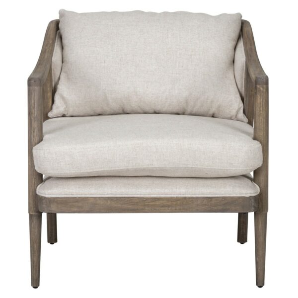 off white upholstered chair with wood frame front view