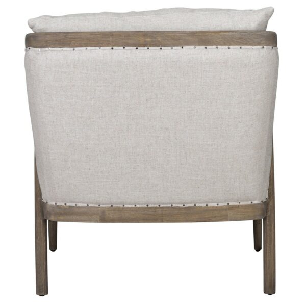 off white upholstered chair with wood frame back view