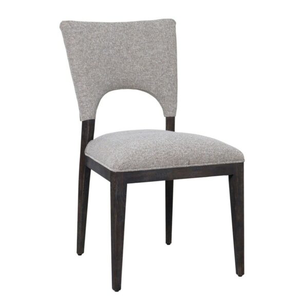 grey upholstered dining chair with black wood frame