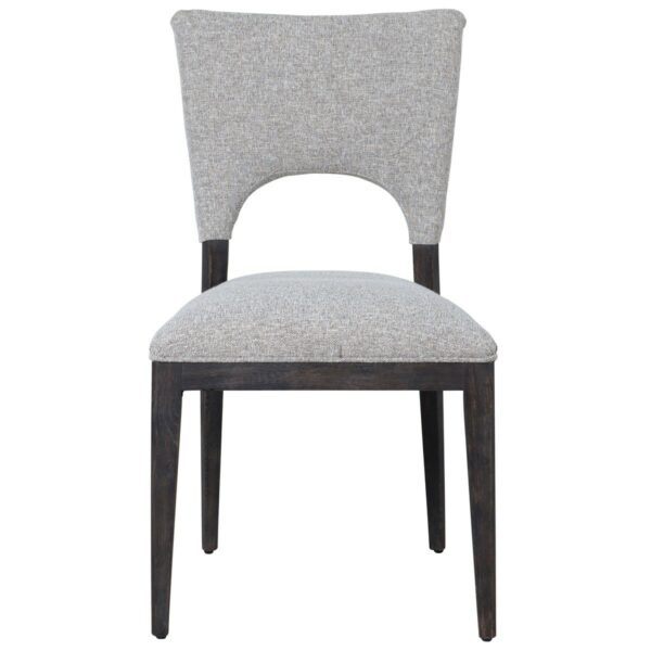 grey upholstered dining chair with black wood frame front view