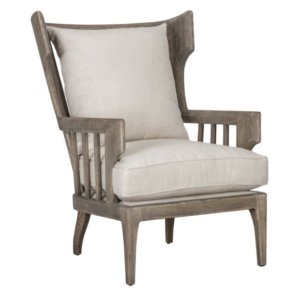 upholstered linen chair with wood frame