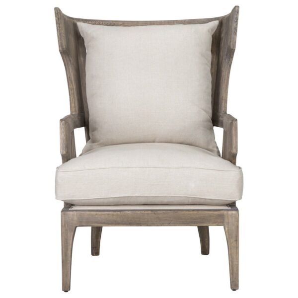 upholstered linen chair with wood frame front view