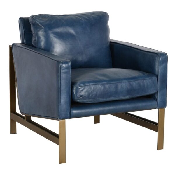 Blue leather club chair with metal legs