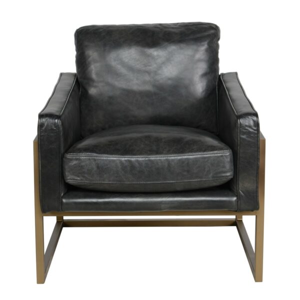 Black leather club chair with metal legs front view
