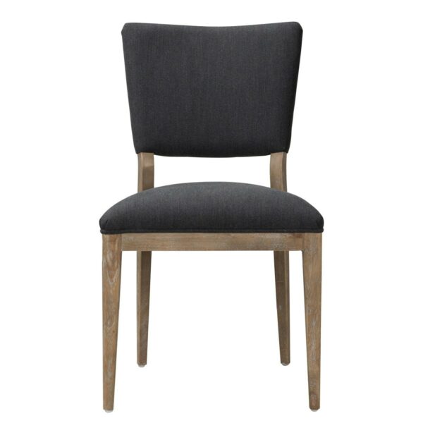 dark grey dining chair with light wood frame front view