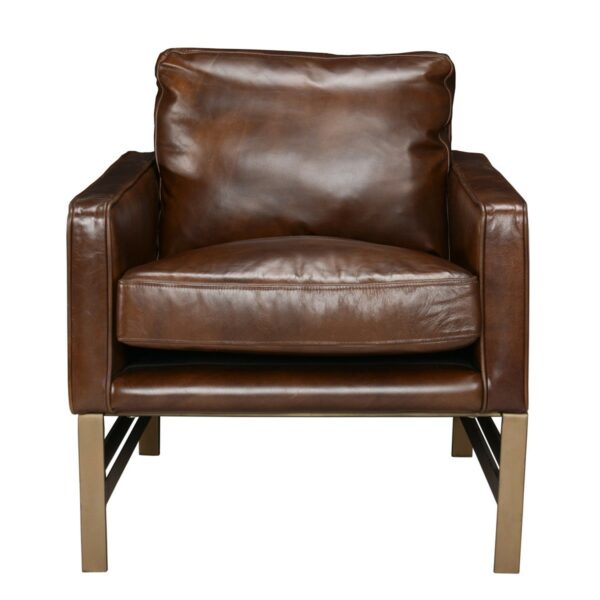 brown leather accent chair with bronze legs front view