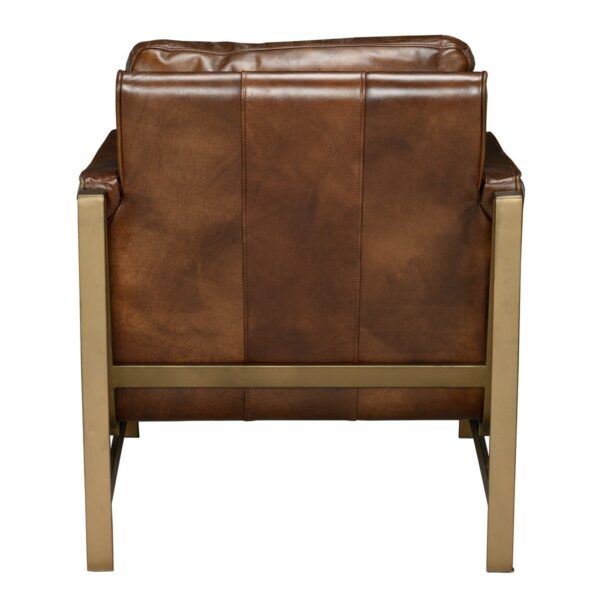 brown leather accent chair with bronze legs back view