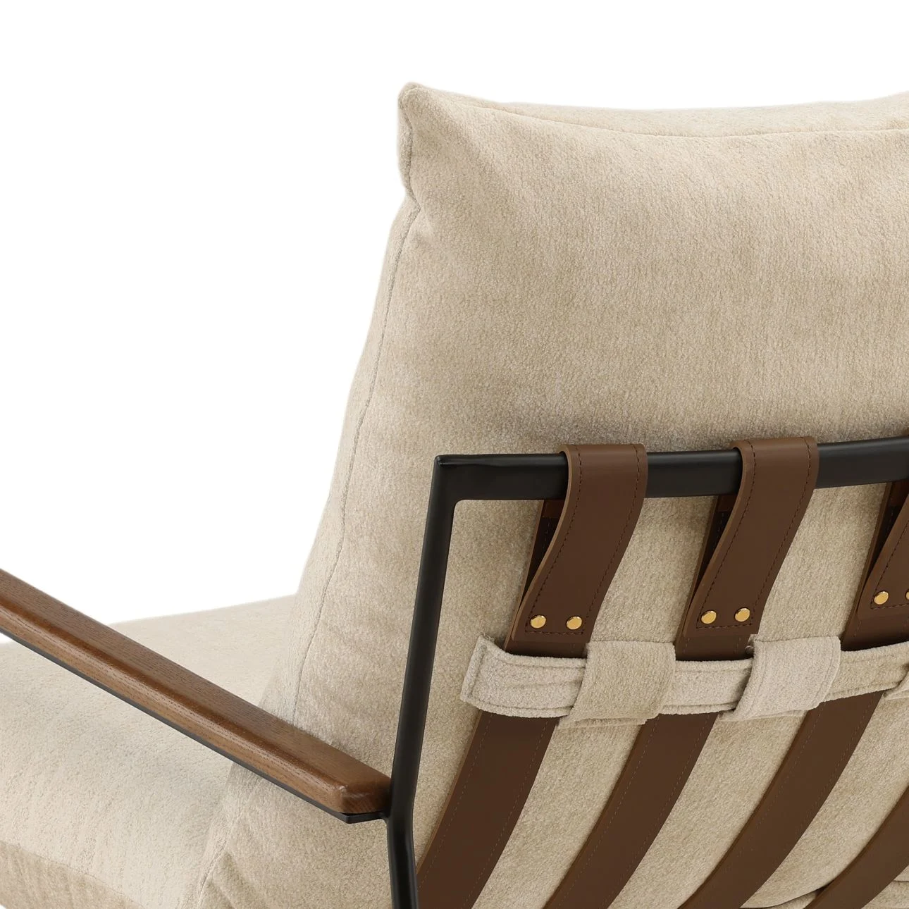 Occasional chair with sand chenille fabric cushions, iron frame, and wooden armrests. Back detail