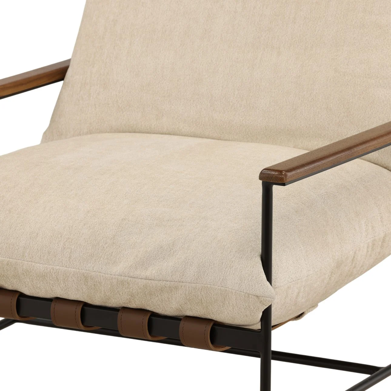 Occasional chair with sand chenille fabric cushions, iron frame, and wooden armrests. Front corner detail