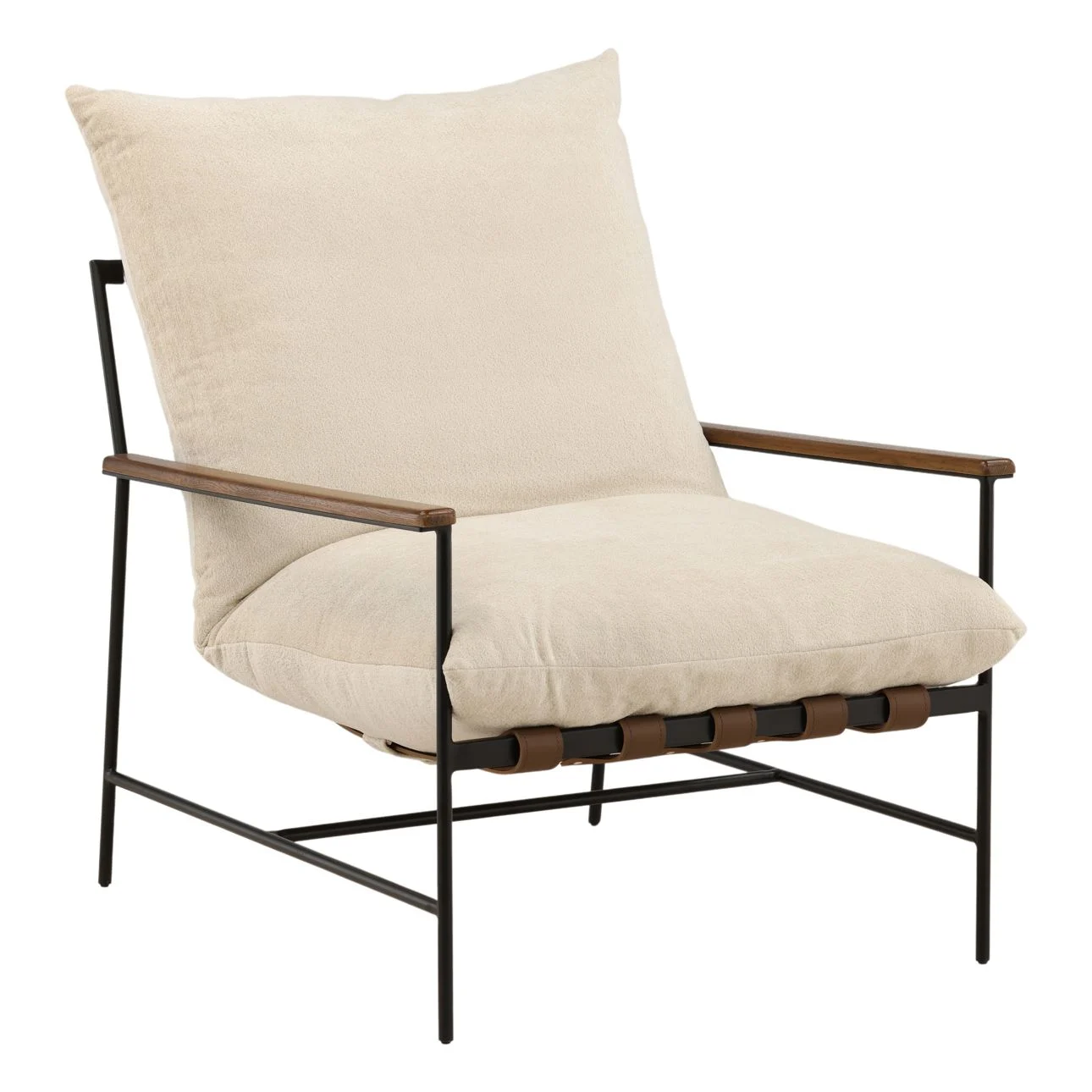Occasional chair with sand chenille fabric cushions, iron frame, and wooden armrests. Three quarters view