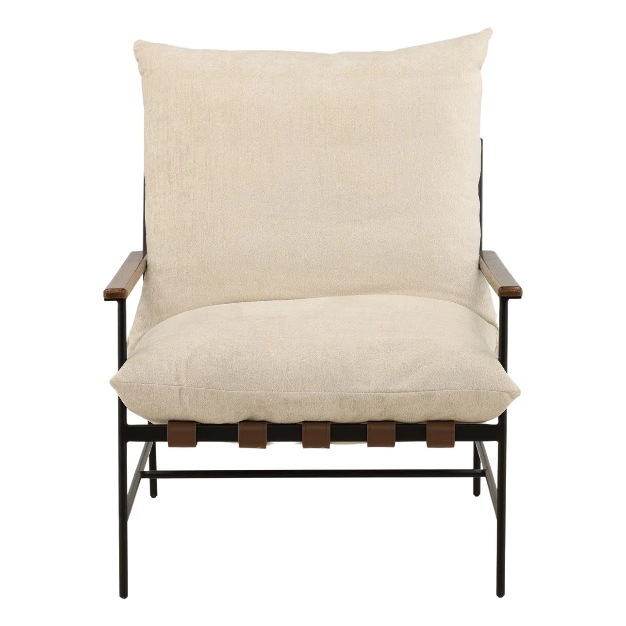 Occasional chair with sand chenille fabric cushions, iron frame, and wooden armrests. Front view