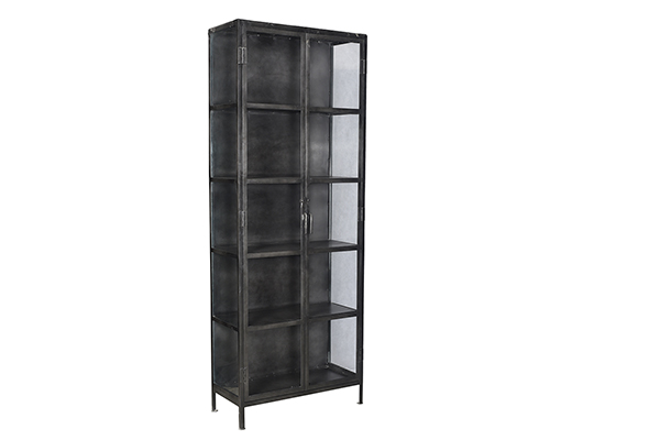 Tall black metal cabinet with glass doors