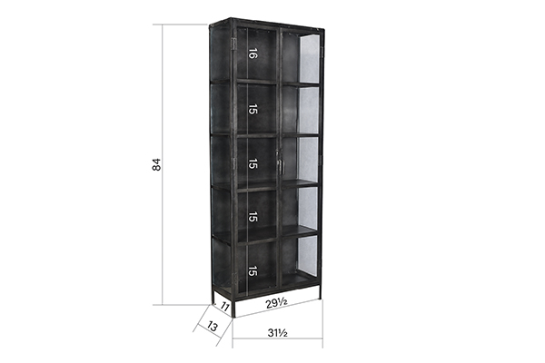 Tall black metal cabinet with glass doors