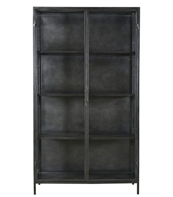 large black iron cabinet with glass doors and sides