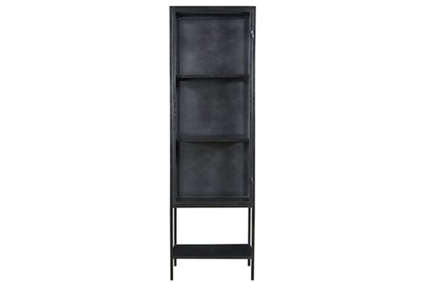 tall black steel cabinet with glass doors side view