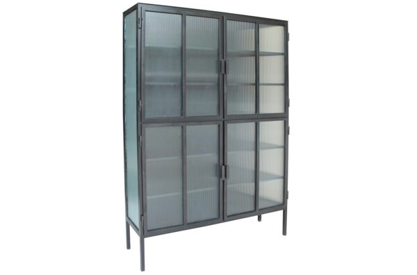 large black iron cabinet with frosted glass doors