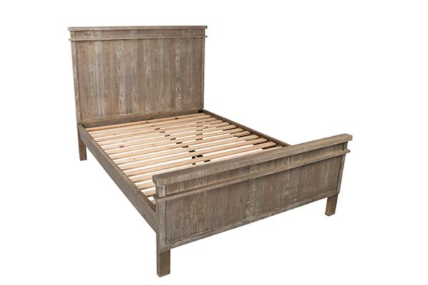 Reclaimed pine wood bed with tall headboard and distressed light brown finish