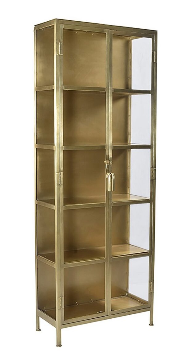 Tall brass color cabinet with glass doors