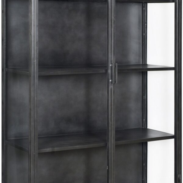 large black iron cabinet with glass doors and sides, close up