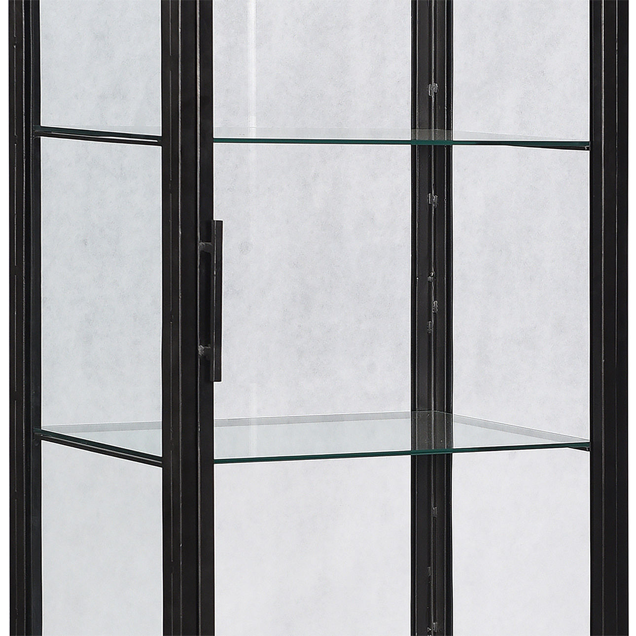 Glass cabinet with Black metal frame with glass shelves, detail