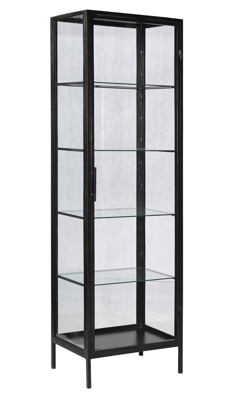 Glass cabinet with Black metal frame with glass shelves, three quarter view