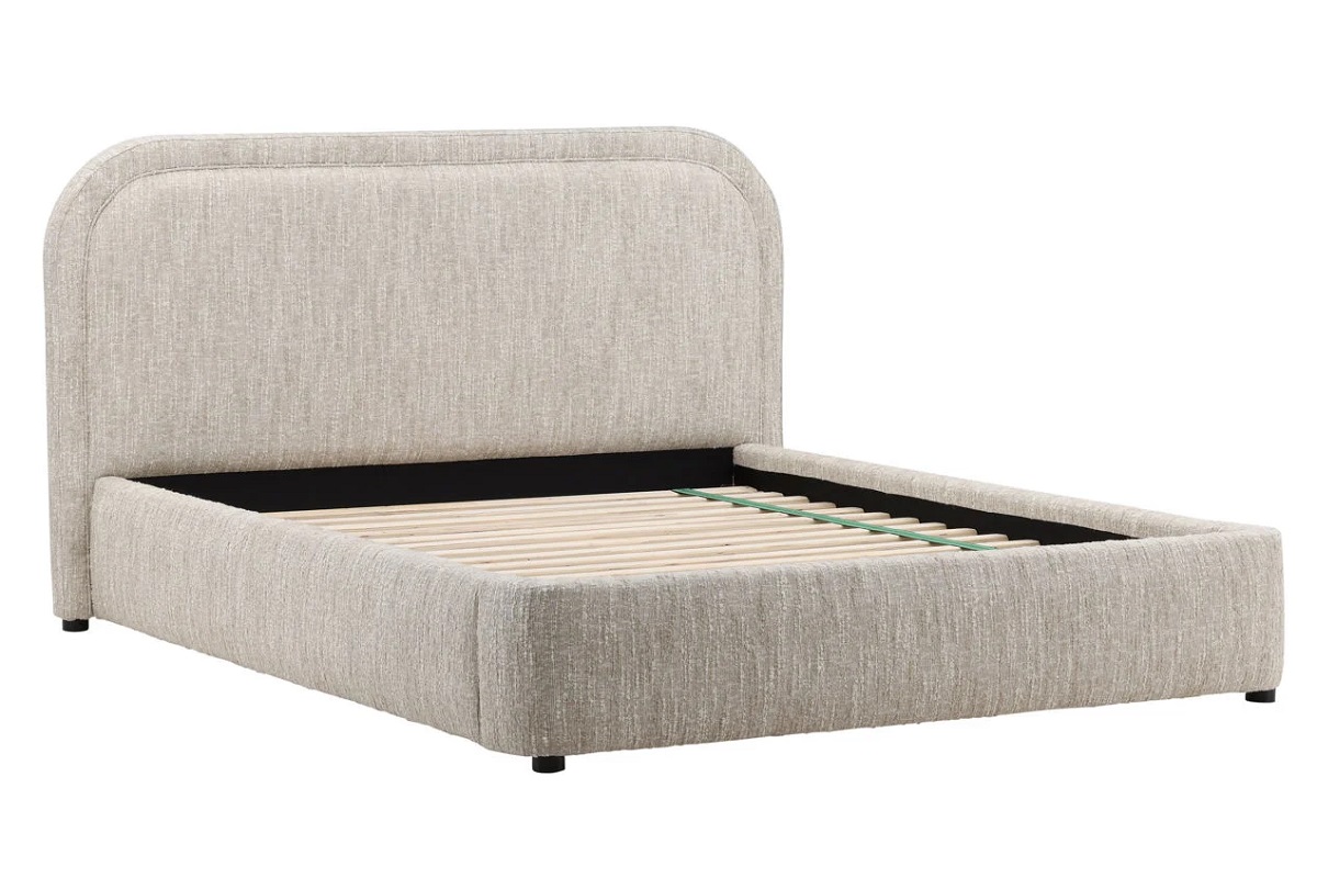 Modern upholstered platform bed in a Napa Beige polyester blend fabric with a low-profile frame and a curved, rounded headboard, side