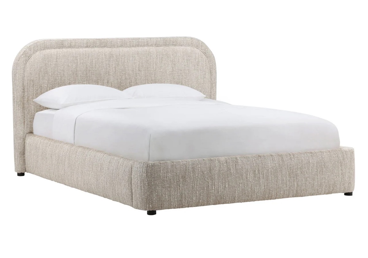 Modern upholstered platform bed in a Napa Beige polyester blend fabric with a low-profile frame and a curved, rounded headboard