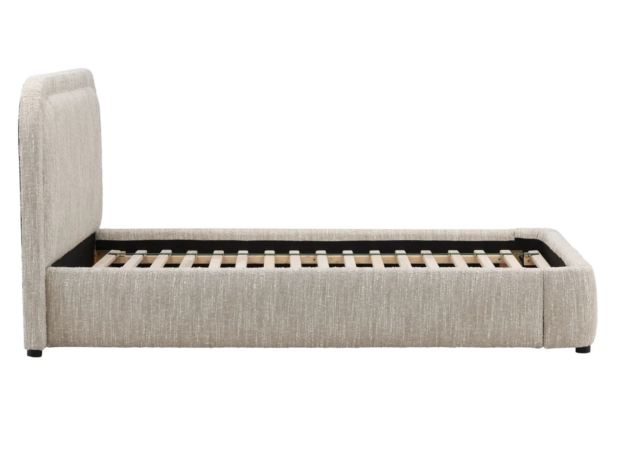 Modern upholstered platform bed in a Napa Beige polyester blend fabric with a low-profile frame and a curved, rounded headboard, profile